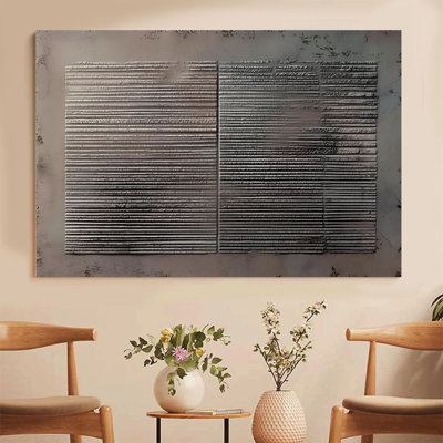 2D Flat, 1Pc Framed Canvas Wall Art, Metallic Texture Collage, Industrial Style Lines, Abstract Geometric Art Print Canvas Poster Painting Room Wall Decor, Ideal Gift, Ready To Hang