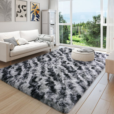 Ultra Fluffy Fuzzy Shag Area Tie-dye black&gray Indoor Carpet for Living Room Bedroom Bedside Office Hotel