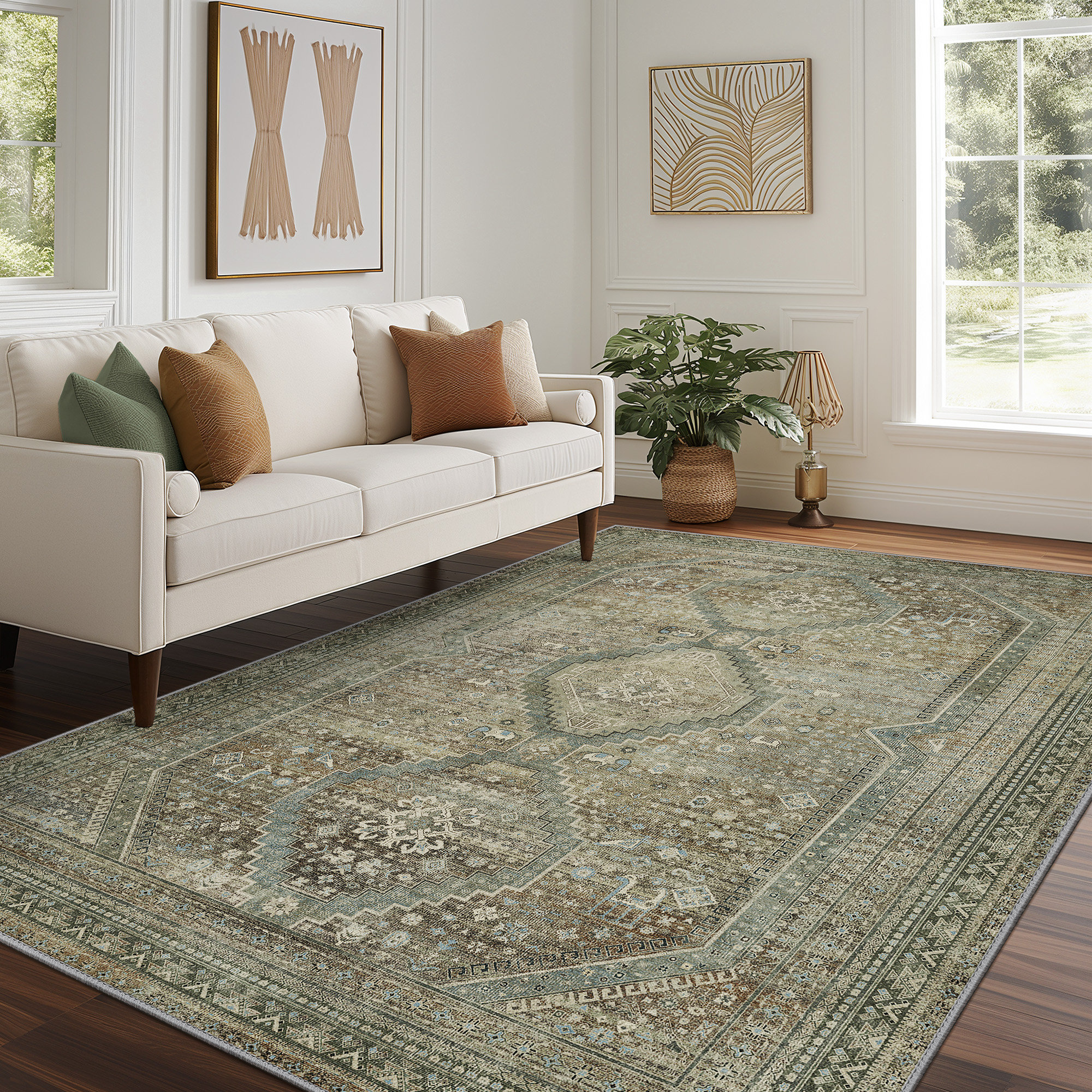 Green Roses Rug Bungalow Rose Vintage Neutral Oriental Green / Beige Machine Washable ...