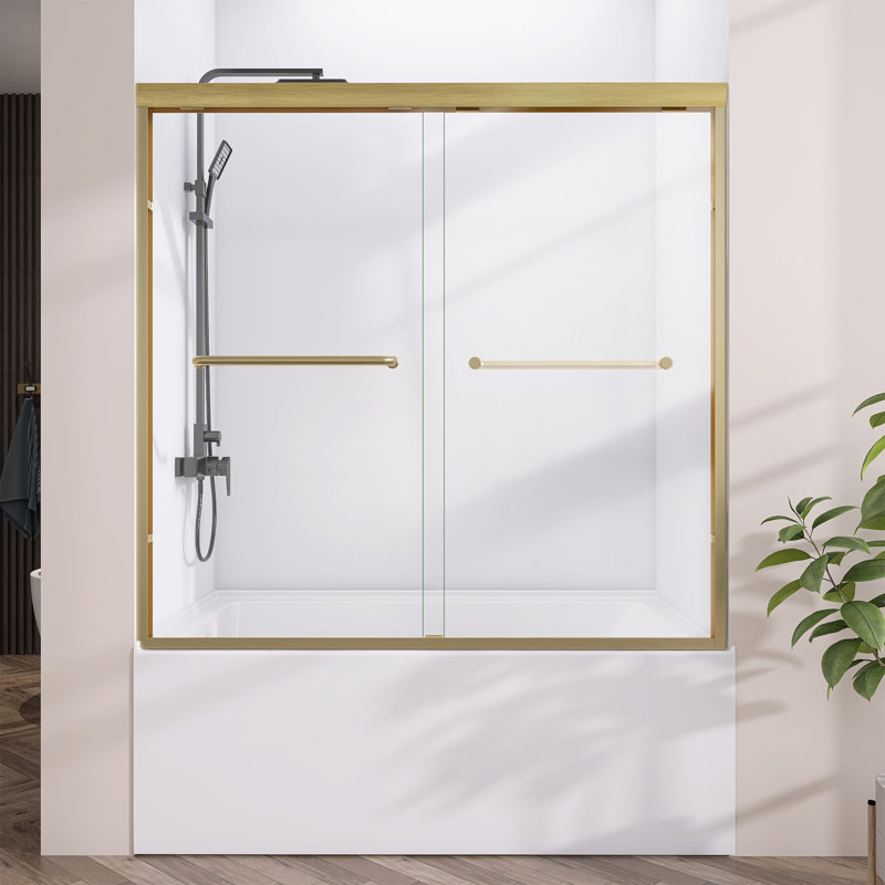 Amy  56" - 60" W X 58 H Double Sliding Door Bath Tub Door Semi-Frameless with Clear Tempered Glass in Brass Gold