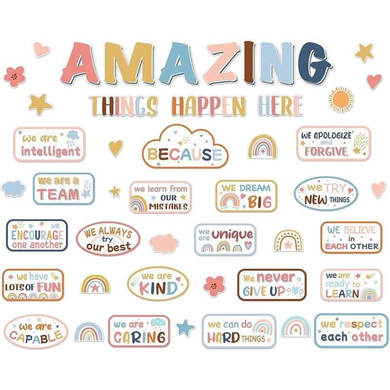 Ensemble de babillards Boho Welcome Back To School - «Amazing Things Happen Here», décorations de classe pastel avec découpes d'affirmation pour décoration murale