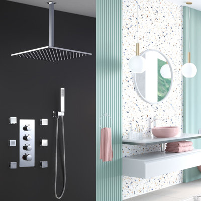 15.74 Inch Shower Jets system in Wall, Ceiling Mount Rain Shower Body Spray Faucet Set with Thermostatic Valve Body