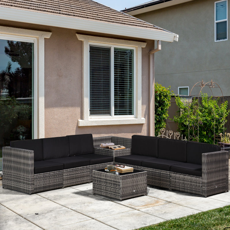 Alresford 8 Pieces Outdoor PE Rattan Sofa Set with Cushions, Black
