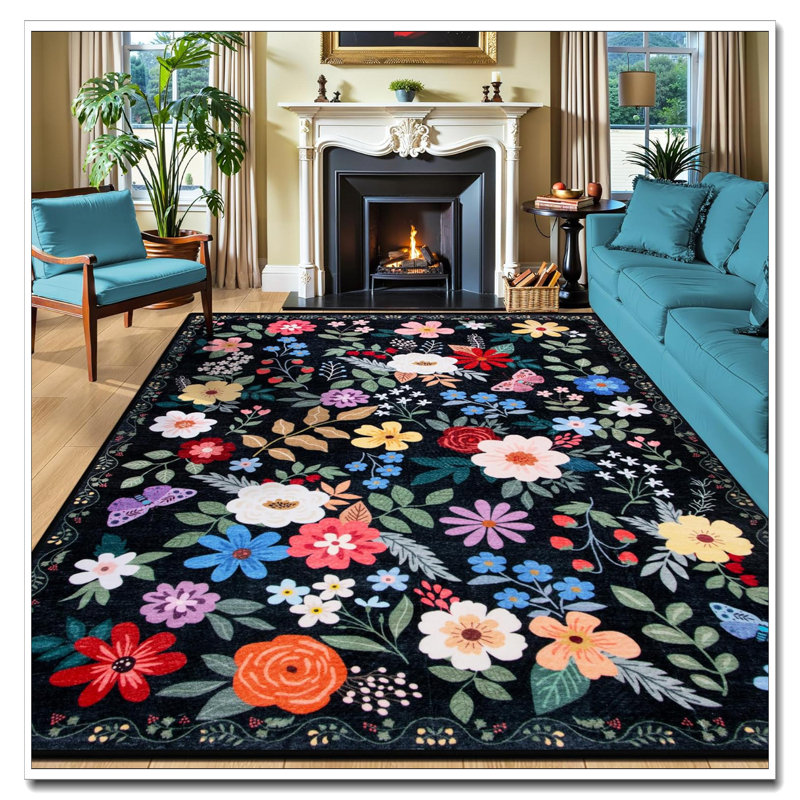 10X12 Black Floral Area Rug, Washable Vintage Boho Low Pile Carpet, Non-Slip Stain Resistant For Living Room Bedroom Dining Room
