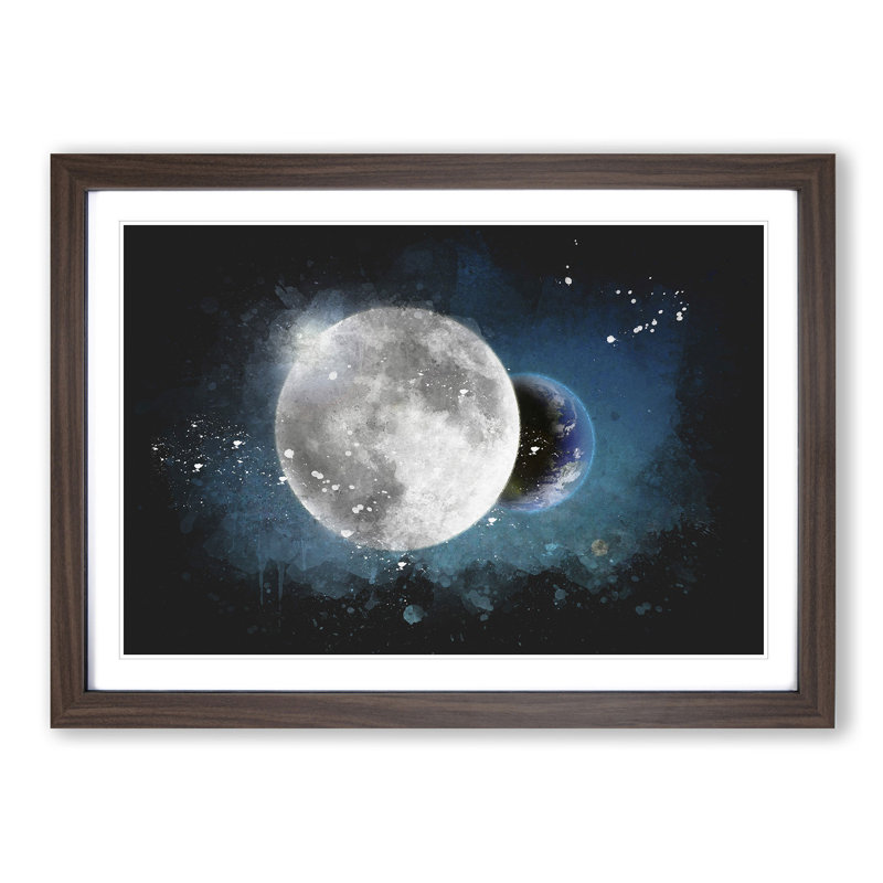 Earth Behind The Moon Paint Splash - Picture Frame Graphic Art, 62cm H x 87cm W x 2cm D, Walnut Framed