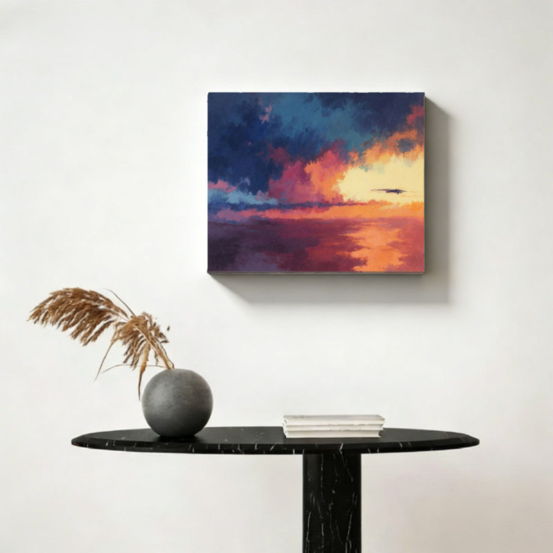 Coucher de soleil sur l'eau, art mural encastré en bois, L 16 x l 20