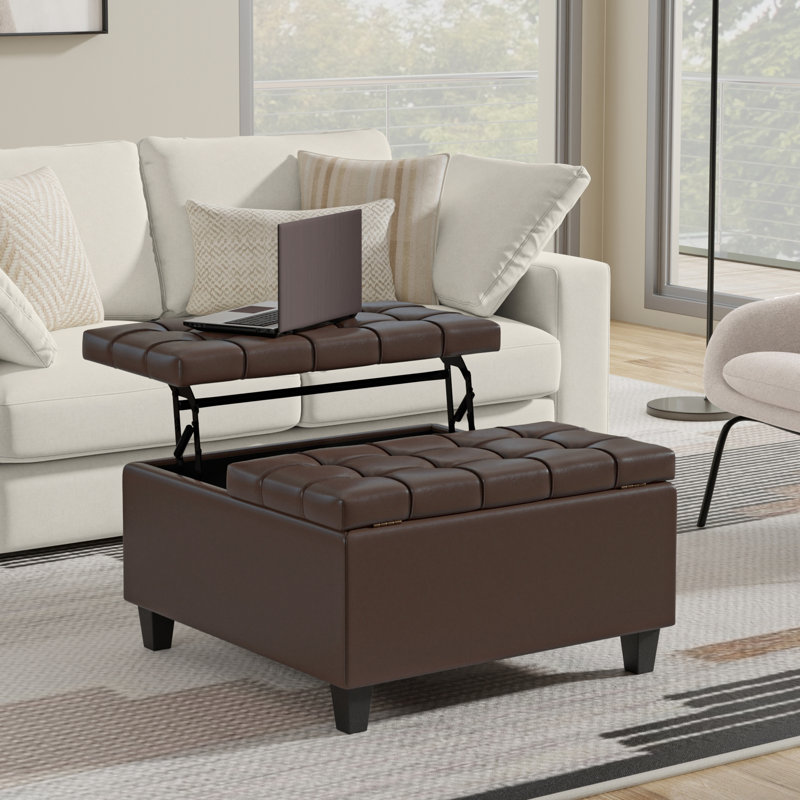 Harrison 30"W Upholstered Transitional Square Lift-Top Ottoman with Hidden Storage, Harrison Brown Faux Leather