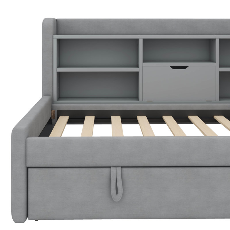 Lit de jour simple rembourré en tissu avec couchette, tablettes de rangement intégrées, ports de chargement USB, Gris