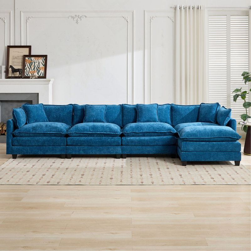 Canapé Cloud 4 places (le repose-pieds n'est pas inclus), canapé modulaire moderne, pour le salon, la chambre à coucher et les appartements, coussin de siège rembourré à double couche confortable, tissu chenille respirant, bleu