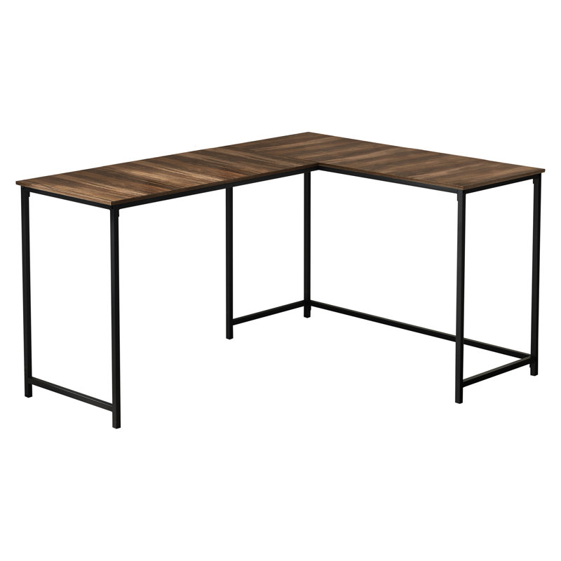 Bureau de coin en L pour bureau à domicile, longueur 147 cm, aspect bois brun, métal noir, forme moderne pour ordinateur, long, stratifié.