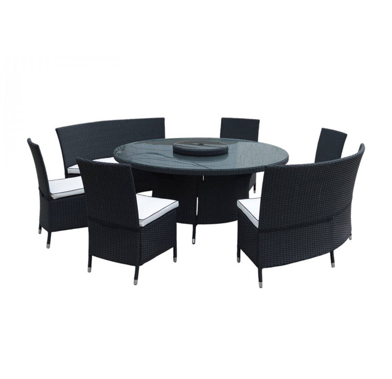 Zoey 6 - Person Patio Dining Set with Round Table , Cushions Included, Black/Vanilla