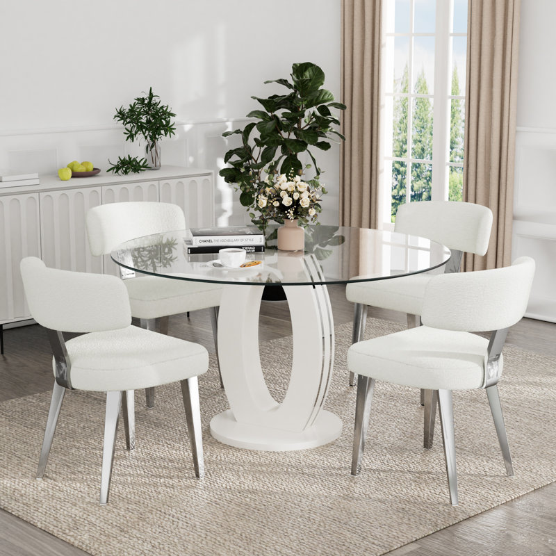 Ensemble de salle à manger à piédestal, table de salle à manger ronde 47 po et chaises Teddy, 5, Blanc / blanc, Blanc