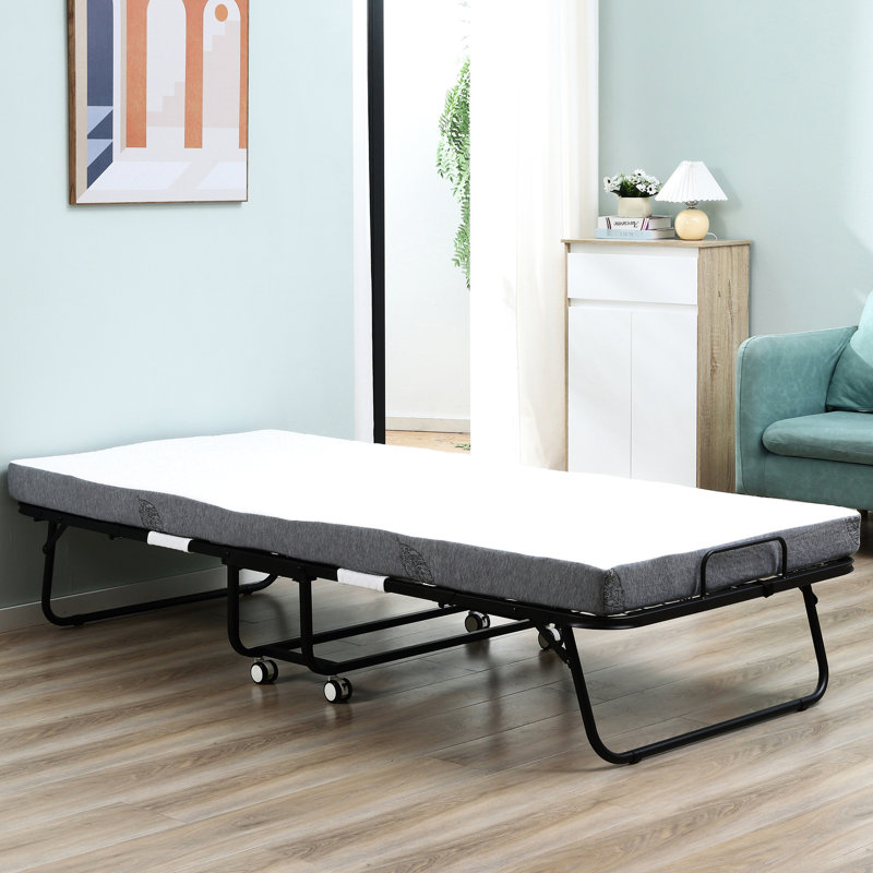 Lit pliable, matelas épais de 4 po, structure et roues en métal, économiseur d'espace, 78,67 po x 35,5 po x 16,25 po, lit blanc avec lit d'appoint extra blanc, capacité de charge maximale de 330 lb