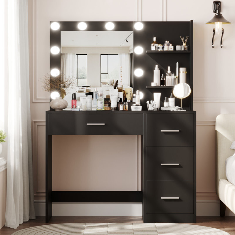 Makeup Vanity Table with Lighted Mirror, Vanity Desk with Storage Shelf and 4 Drawers, Black