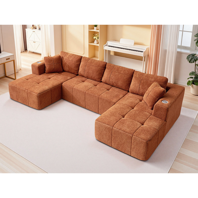 Canapé modulaire capitonné en U de 136 po Boneless, 3 pièces, Velours côtelé orange