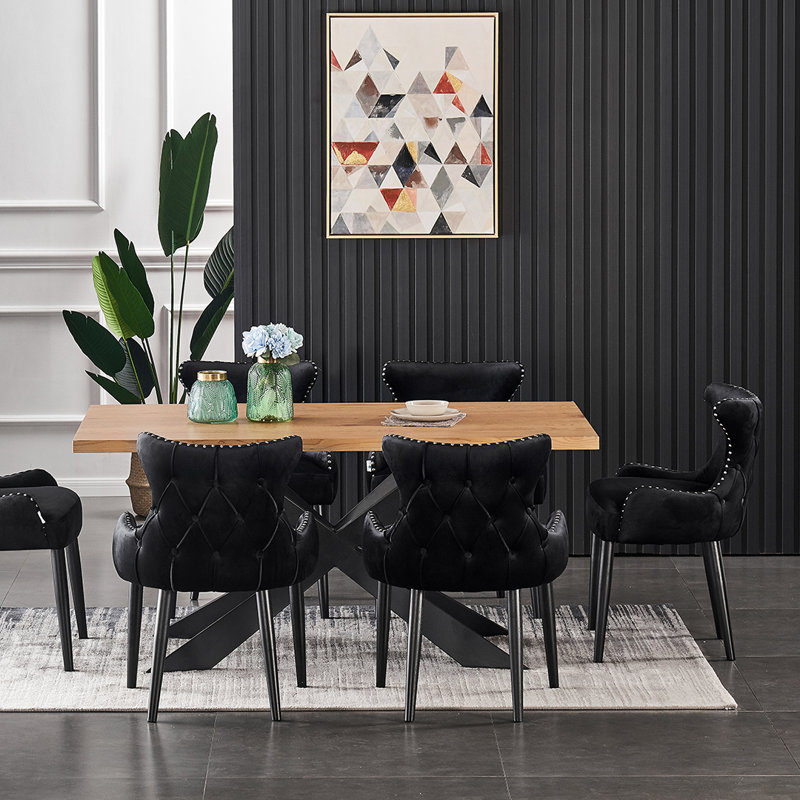 Ricky 6 Person Dining set - a Rectangular Wooden Dining Table with Metal Legs and a Set of 6 Quilted Velvet Dining Chairs for Dining Room - Modern Dining Table Set