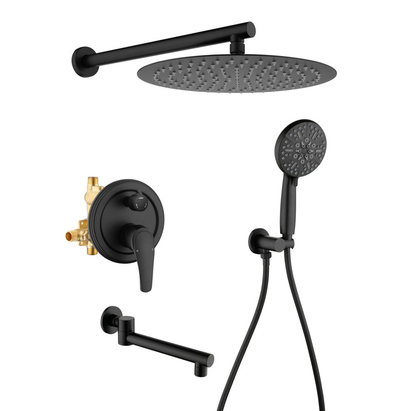 Système de douche mural avec robinet de douche à poignée simple et ensemble de garniture de douche en laiton 12 po avec valve brute