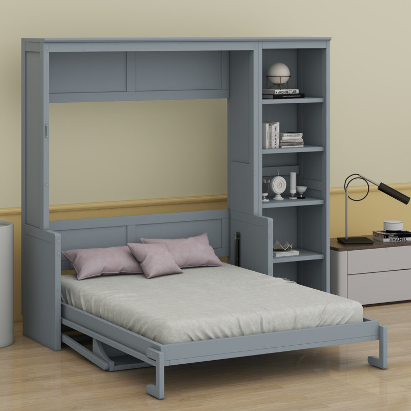 Lit escamotable avec bureau et bibliothèque Murphy, Gris, Grand lit