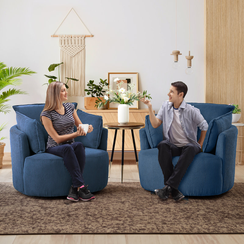37.1'' Wide Corduroy Swivel Barrel Chair With 2 Armrest Pillows, Blue Corduroy, 2