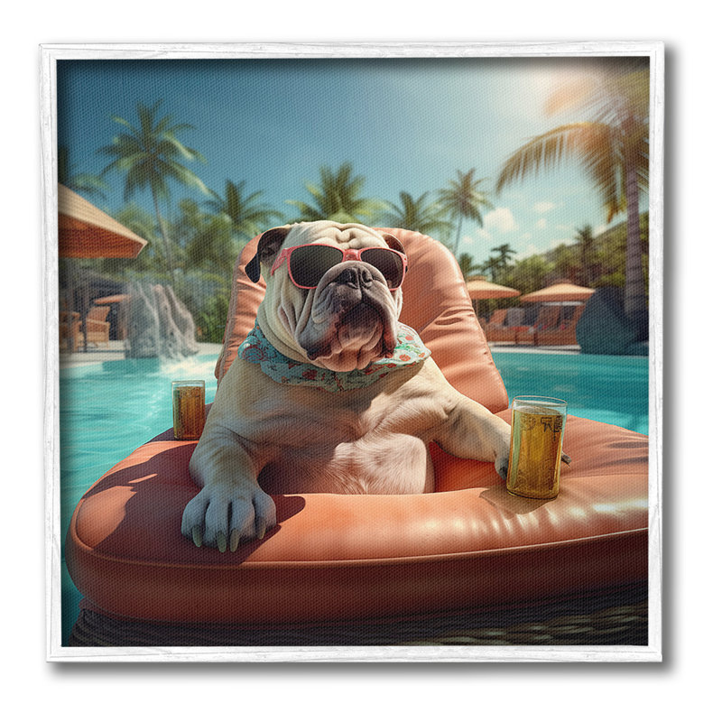 «Bulldog in Resort Pool», estampe numérique par Jim Baldwin, Estampe numérique encadrée blanc bord de mer, H 24 po x l 24 po