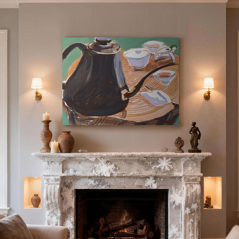 «Still Life Teapot», impression impressionniste moderne sur toile avec cadre en pin, 30" H x 40" W