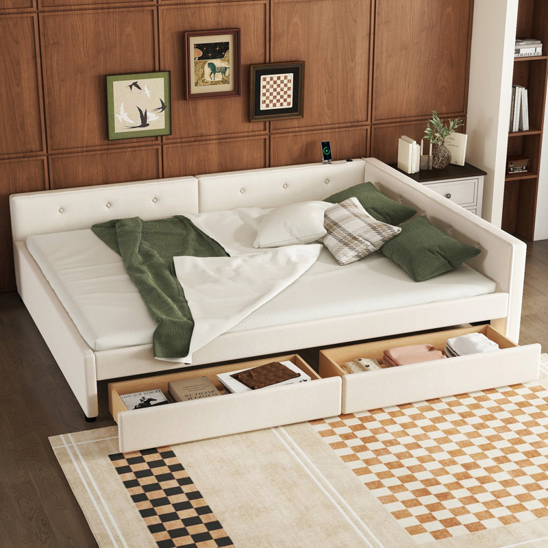 Queen Size Upholstered Bed With And 2 Drawer Storage Options, Beige Deep Drawers In Color, Queen