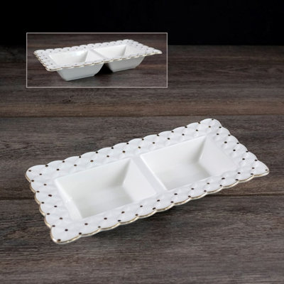 Ceramic Square Double Section Bowls with Dots Trim 9"