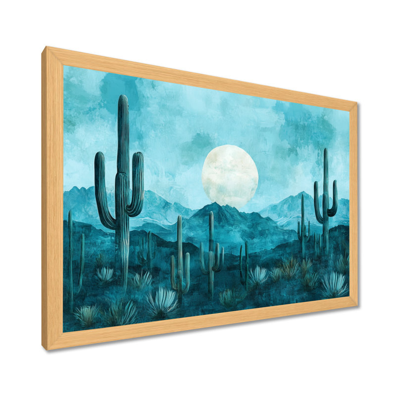 Tableau encadré Cactus Teal Desert Moonlight Breeze, H 30 po x l 40 po, Natural Picture Framed