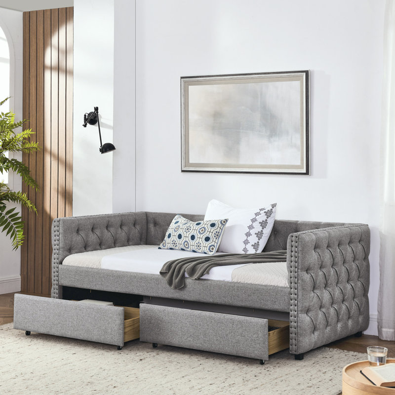 Upholstered Daybed With Two Drawers, With Button And Copper Nail On Square Arms