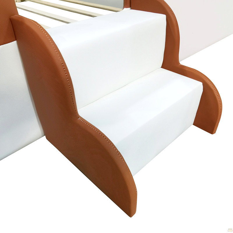 Très grande structure de lit de jour rembourrée avec clôture et escalier, Brown,White