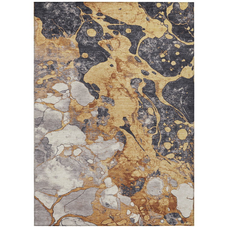Machine Washable Indoor/Outdoor Xhevrie Gold Rug