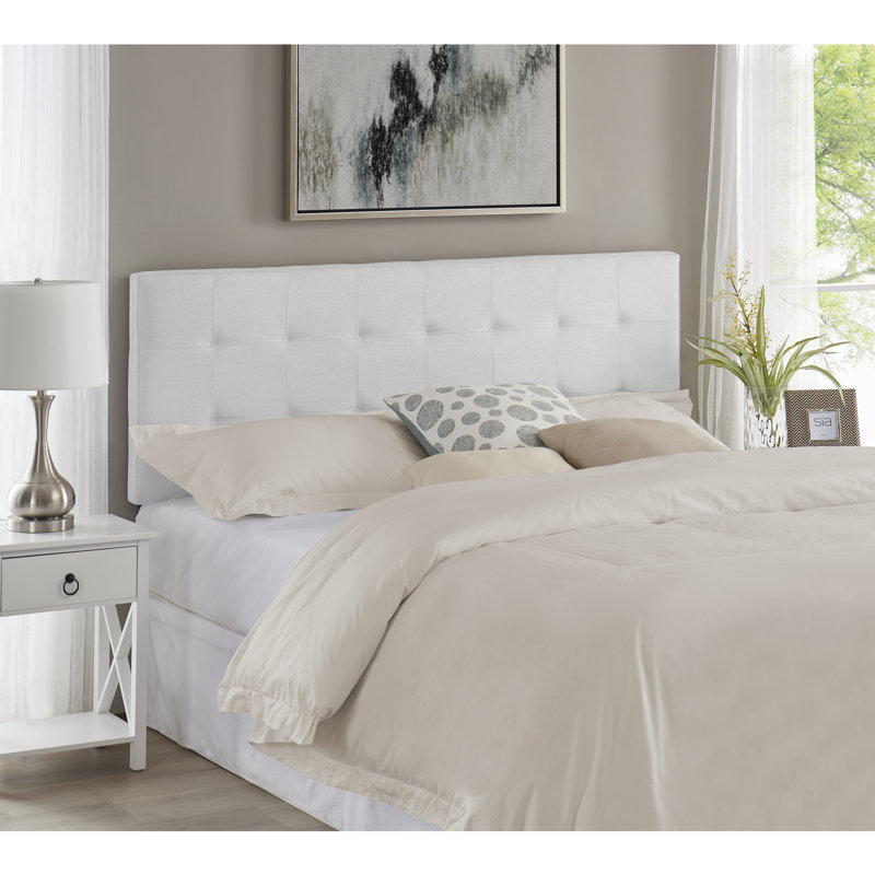 Classic Tufted Adjustable Upholstered Queen Headboard in Linen Fabric, Metal Legs, White