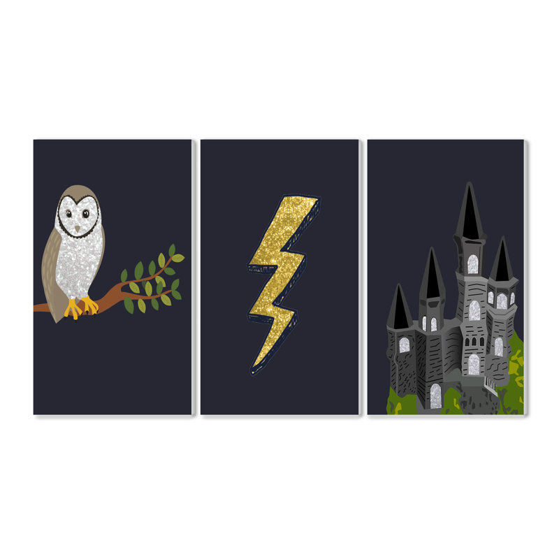 «Wizardry Owl Castle and Lightning», ensemble de 3 impressions, H 15 po x l 30 po x P 0,5 po, Plaque murale