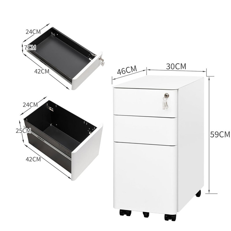 30 cm W 3 -Drawer Wheels / Casters included Mobile Steel Filing Cabinet, White