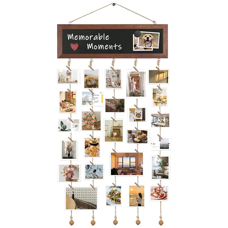 Wooden Hanging Picture Frame with String Ropes, 30 Clips, Writable Blackboard, for Photo and Artwork