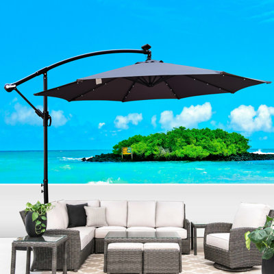 Parasol de patio à énergie solaire 10 pi avec éclairage à DEL, 8 nervures imperméable pour terrasse de jardin avec abat-jour extérieur à base croisée alimenté, imperméable, à manivelle,