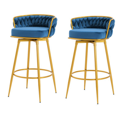 Tabourets de bar de 2, comptoir, tissés à la main, pieds en métal, siège pivotant à 180 po, rembourré pour la cuisine et la salle à manger, hauteur de 2 pièces avec siège pivotant et rembourré de mousse, bleu