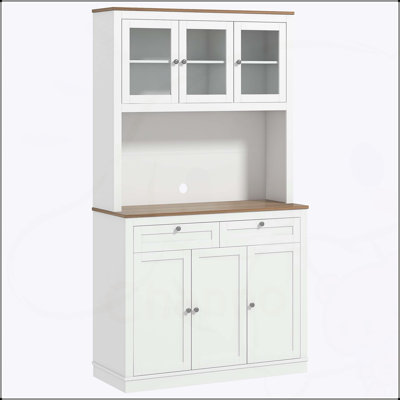 Grand garde-manger avec support pour micro-ondes, buffet autoportant, tablettes réglables et portes en verre pour un rangement moderne