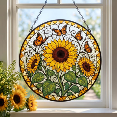 8‘’ Sunflower Stained Glass Suncatcher, Window Hanging Panel