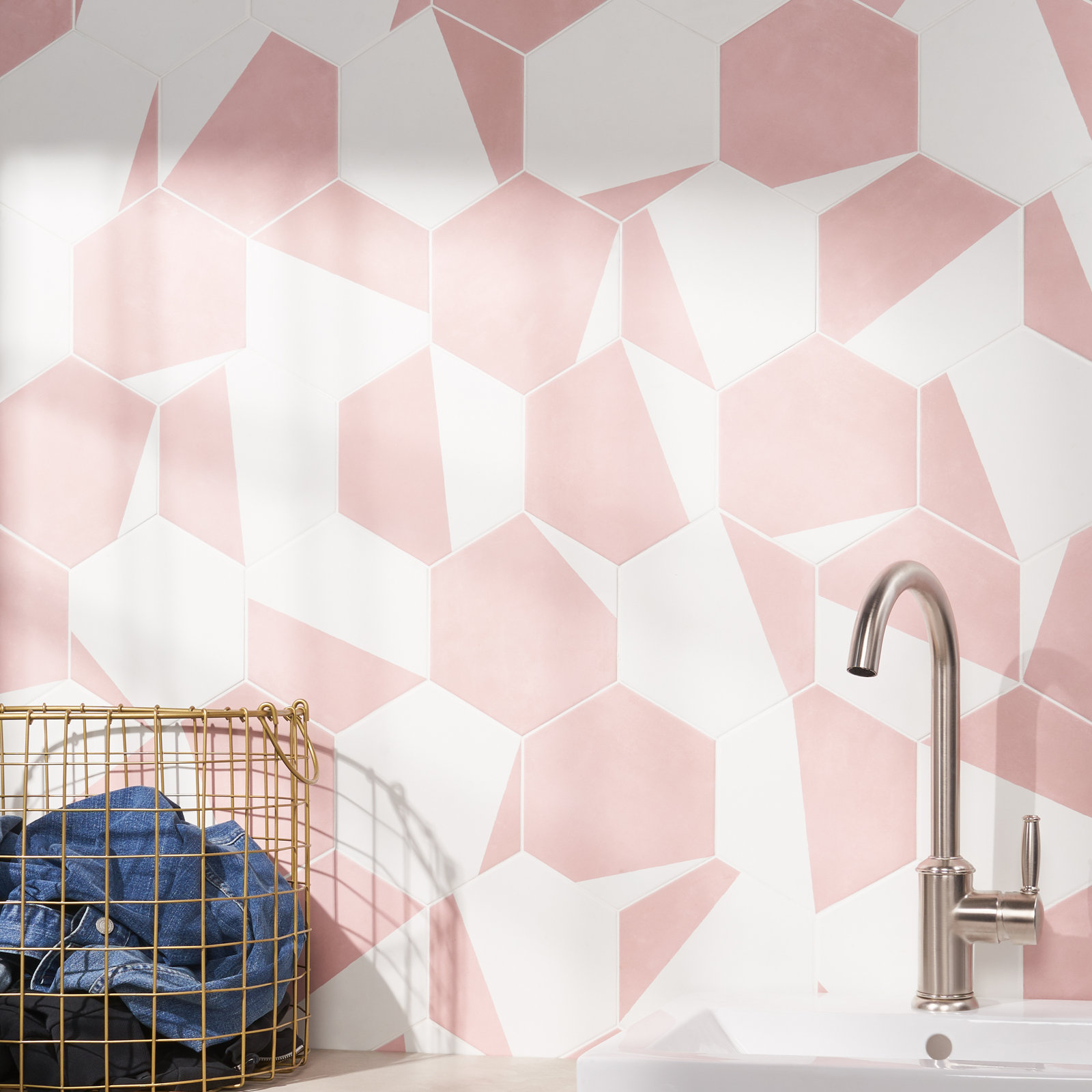 GeoHex Burst 8" Porcelain Tile, Blush