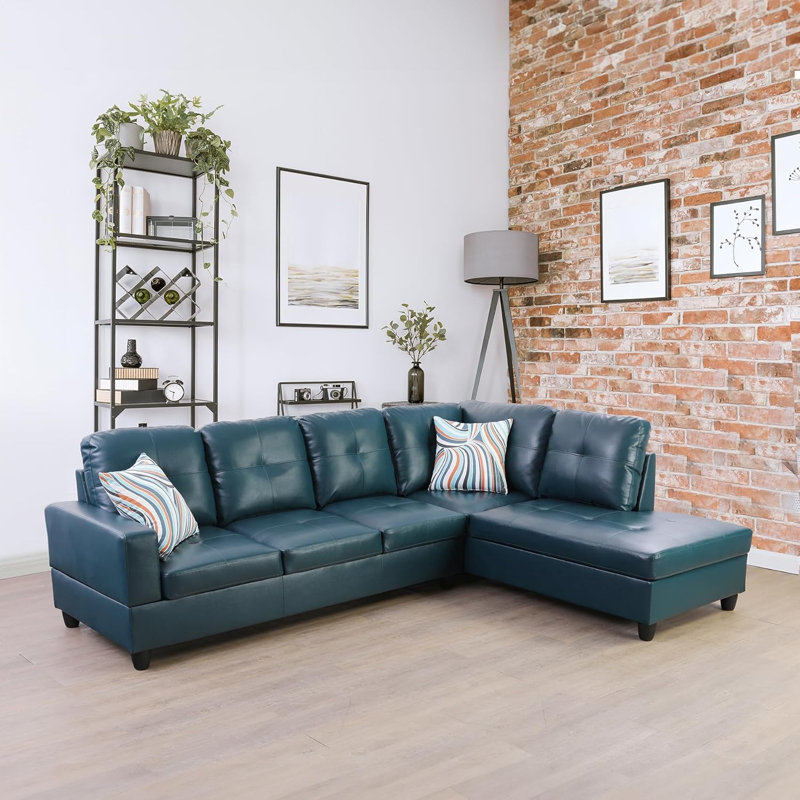 Bawan Faux Leather L-Shaped Sectional, Right Hand Facing, Blue Faux Leather