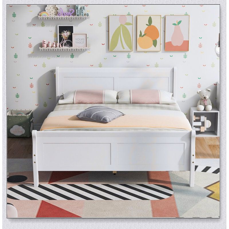 Lit plateforme en bois avec tête de lit et lattes en bois, Double, Blanc