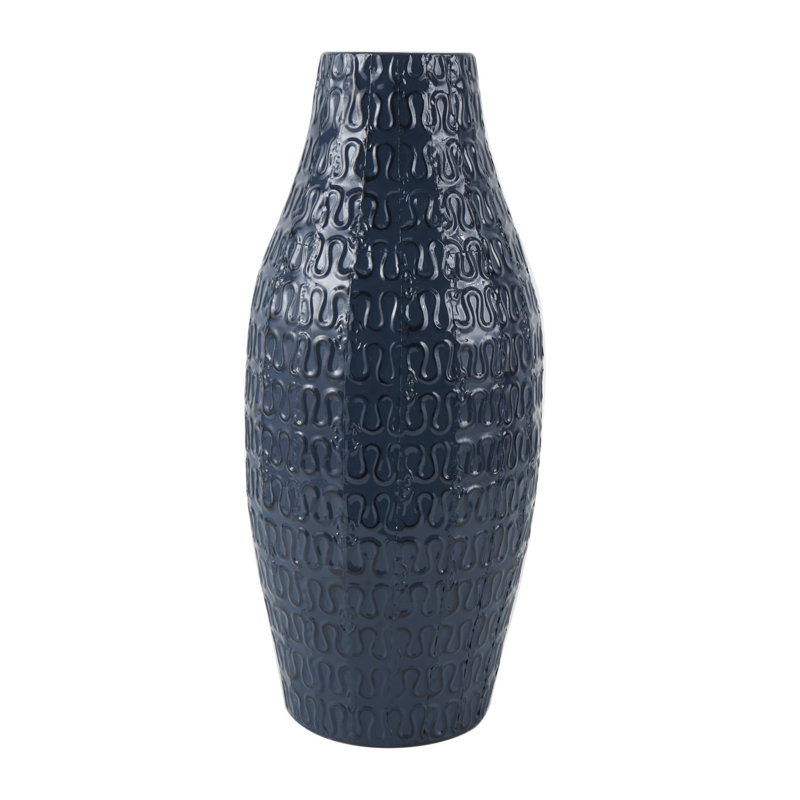 Cashara Metal Dimensional Textured Dark Blue Decorative Vase with Wavy Pattern
