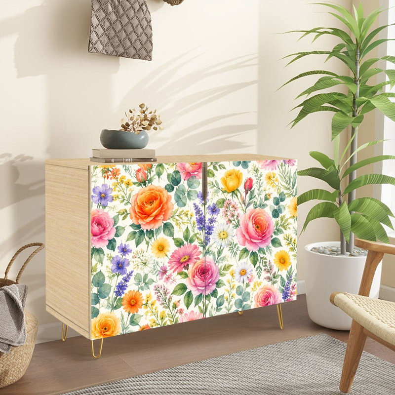 Buffet Buffet avec rangement Fleurs roses colorées lavande crème et fleurs sauvages avec 2 portes pour le salon et la cuisine