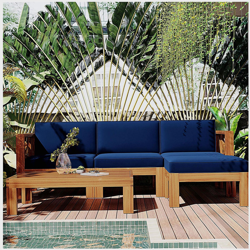 Ensemble de conversation modulaire en bois pour terrasse 5 pièces avec coussins, finition naturelle et coussins bleus Topmax