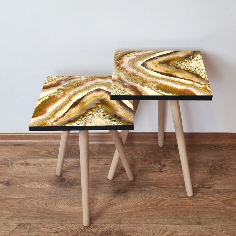 Ensemble de 2 tables gigognes élégantes en marbre, conception abstraite, 13,8 x 18,5 x 13,8 pouces et 13,8 x 16,5 x 13,8 pouces | 100% panneau de fibres à densité moyenne avec des pieds en bois de hêtre, robuste et élégant pour le salon, décoration intérieure moderne