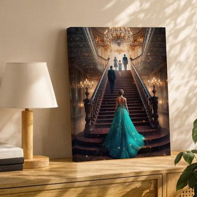 Canvas A Grand Staircase Adorned With Intricate Wooden Railings Leading Up Wall Art To An Opulent Ballroom Illuminated By Shimmering Canvas Wall Art