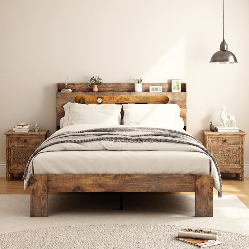 Grand lit plateforme avec cadre de lit en bois, tête de lit à DEL avec rangement et 2 ports USB, silencieux, sans sommier, grand rangement sous le lit, brun foncé