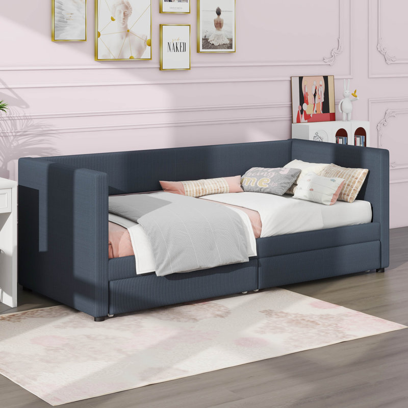 Lit de jour simple avec deux tiroirs et tête de lit à rayures, Gris