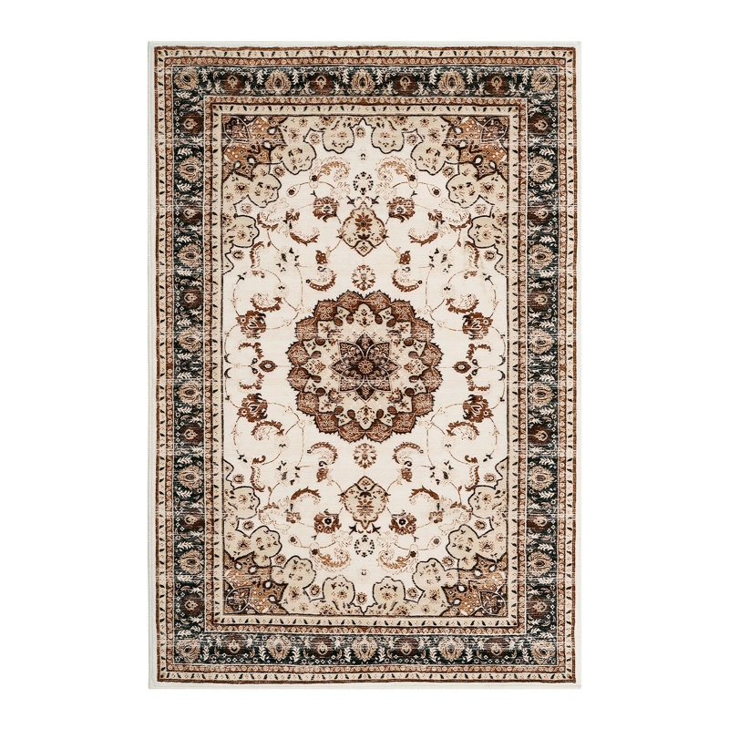 Washable Area Rug, Vintage Medallion Low Pile Non Slip Foldable Indoor Carpet, TPR Backing, Natural Tone, 5'x7', Brown